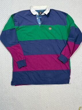 Vtg Chaps Ralph Lauren Bold Striped Polo Rugby Preppy Shirt Blue Green Pink XL